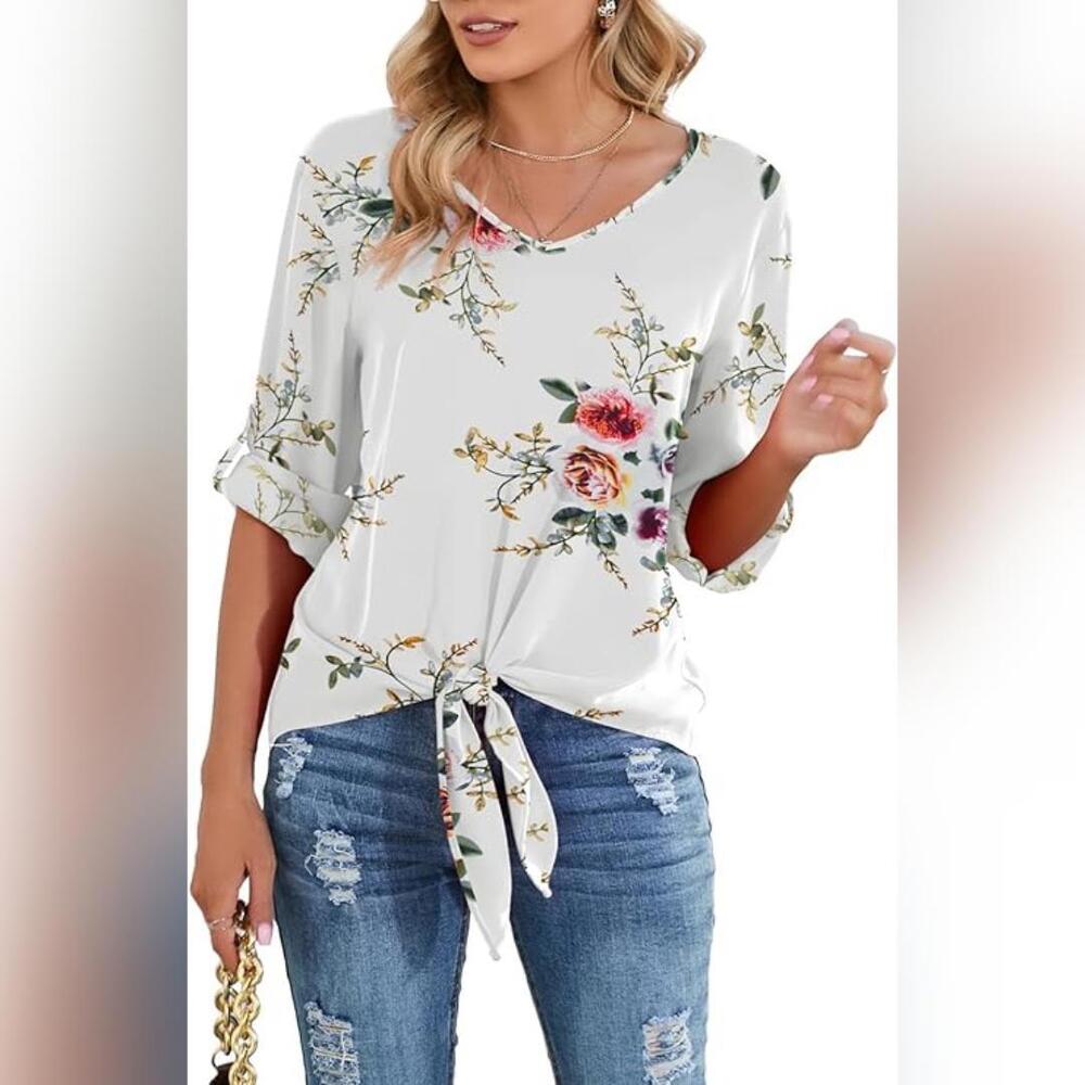 NWT SUEANI Women's Tie Front Tops Roll Up Sleeve V Neck Chiffon Blouse, 2XL